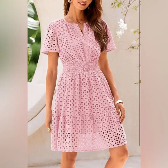 PRETTYGARDEN Short Dress V Neck Short Sleeve A Line Hollow Out Lace Ruffle Dress - Picture 5 of 14